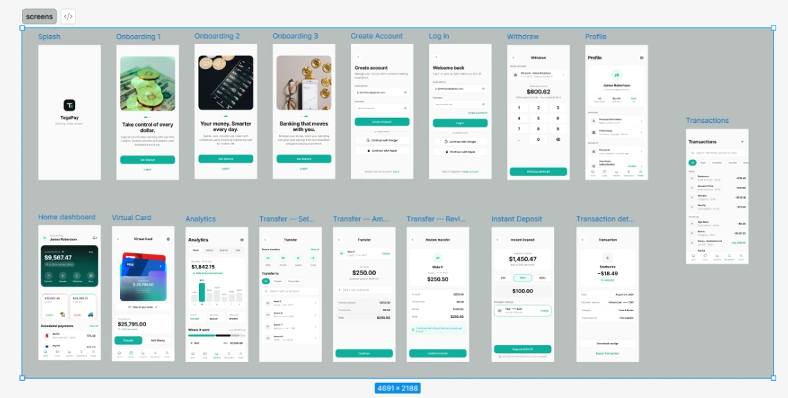Overview of every TegaPay screen in Figma: splash, three onboarding screens, create account, log in, withdraw, profile, transactions, home dashboard, virtual card, analytics, three transfer steps, instant deposit and transaction details