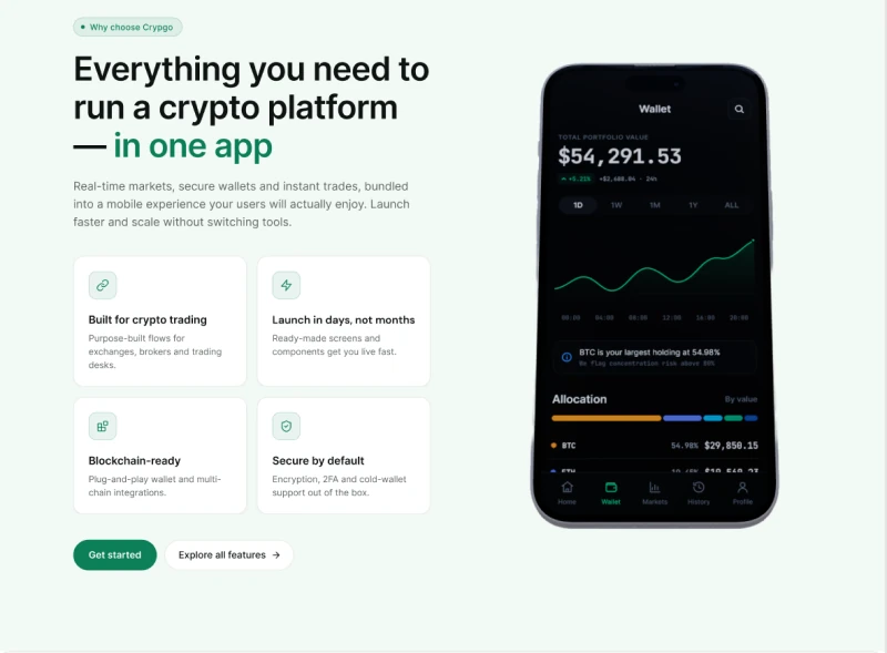 Mobile app section with four feature cards on the left and the Vestra wallet screen on a phone on the right