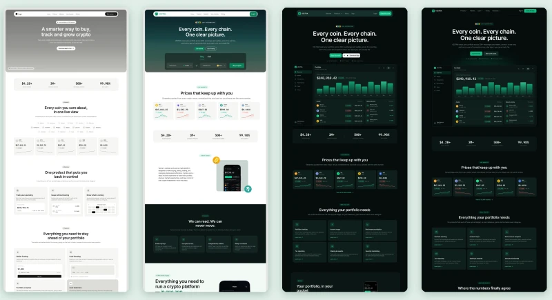 Four versions of the Vestra landing page side by side, from the first light wireframe to the final dark and light designs